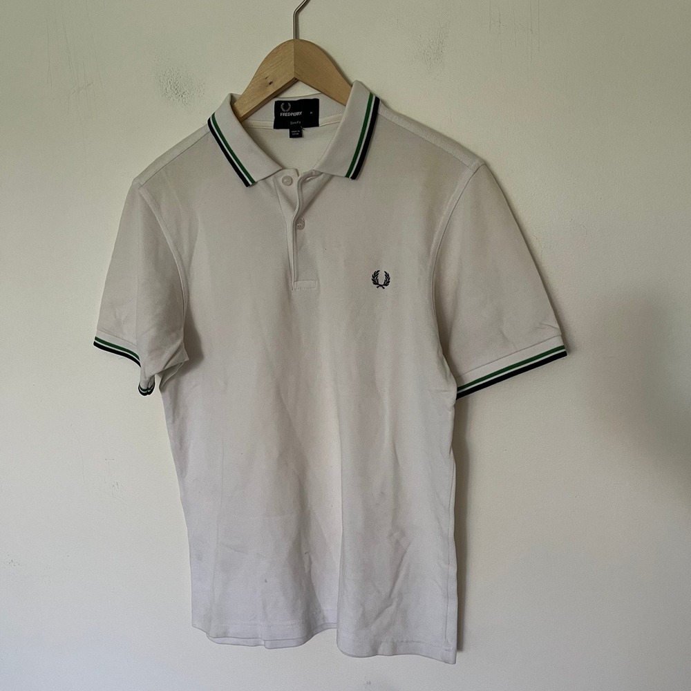 Fred Perry White Slim Fit Polo Shirt Green Navy Tipped Trim Mens Medium